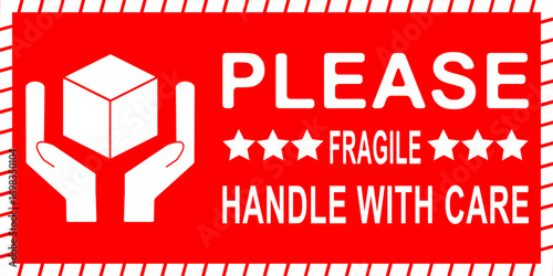 Fragile sticker design with bold red background and hands holding package symbol requests careful handling during transport.