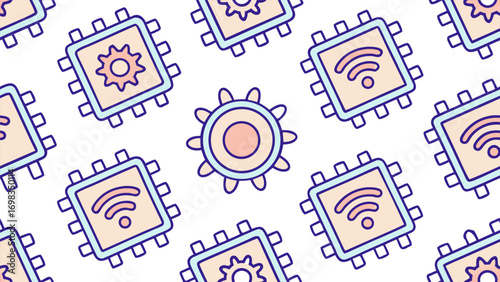 Seamless pattern of technology icons including CPU chip and Wi-Fi symbol for internet and computing concepts
