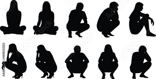 People, silhouettes, sitting, crouching, squatting, posture, body, language, pose, human, movement, black, outline, vector, illustration, isolated, design, element, icon, set, graphic, position