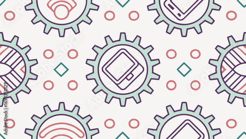 Seamless pattern of technology icons including CPU chip and Wi-Fi symbol for internet and computing concepts