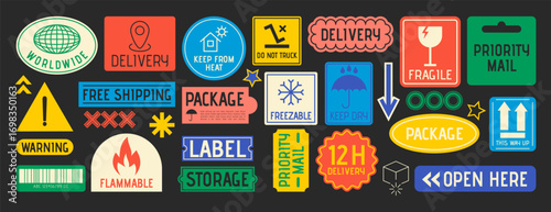 Shipping stickers. Barcode on box. Warehouse industry label. Packaging color tags. Online shopping patches. Ecommerce transportation symbols. Parcel delivery badges. Vector garish logistic icons set