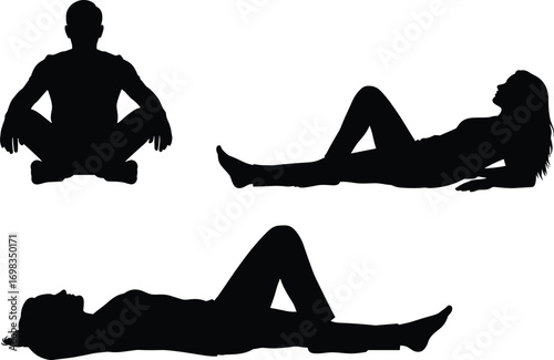 People, silhouettes, sitting, reclining, lying, relaxed, posture, meditation, yoga, rest, leisure, black, outline, vector, illustration, isolated, design, element, relaxation, icon, set, graphic