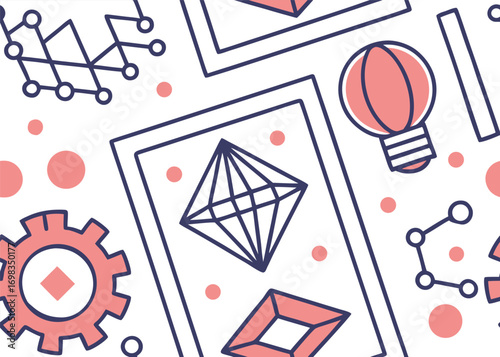 Seamless pattern of technology and innovation icons for science and business strategy in a modern line art style