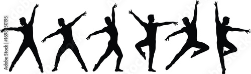 Silhouette male ballet dancer performing elegant dance poses, contemporary ballet movements, artistic expression, graceful steps, professional dance vector illustration.