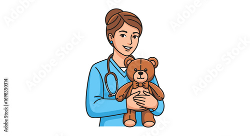 Friendly Female Doctor Holding a Teddy Bear Caring for Children.