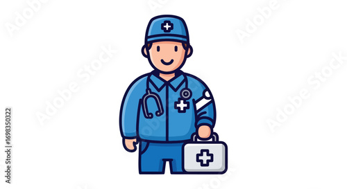 Cartoon Illustration of a Smiling Medical Professional Holding a Kit.