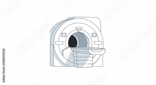 Medical MRI scanner machine with patient table for diagnostic imaging.