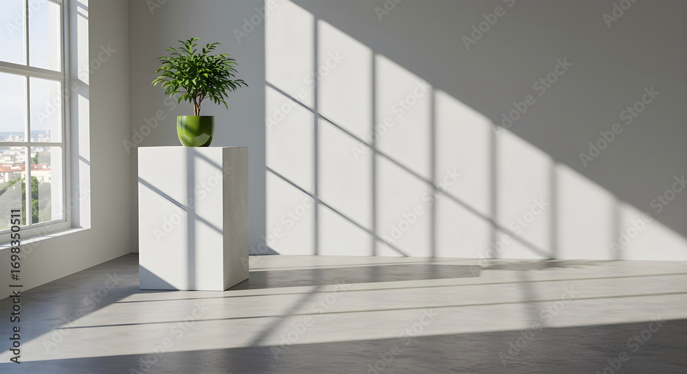 Fototapeta premium Green Potted Plant on White Pedestal in Minimalist Sunlit Room