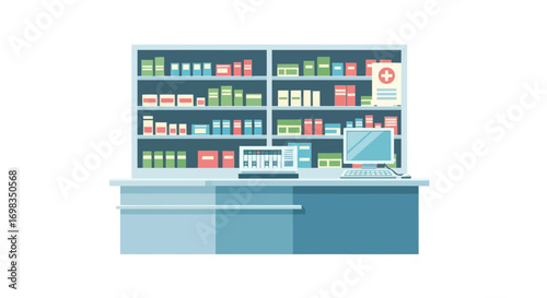 Illustrated Pharmacy Counter with Shelves Full of Medications.