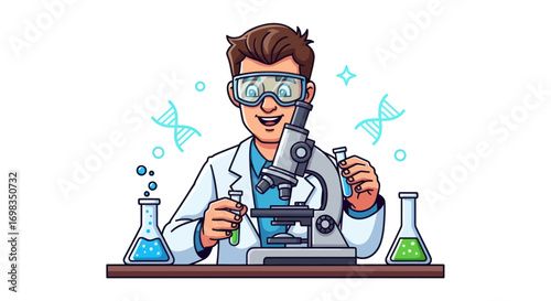 Smiling Cartoon Scientist in Lab Coat and Goggles with Microscope and Flasks.
