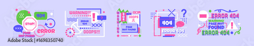 404 sign. Error icon. Computer warning symbols. Cartoon Memphis text message. Caution exclamation mark. Digital geometry comic in windows. Not fount page. Vector garish website failure banners set