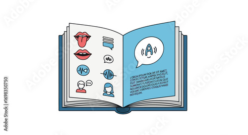 Open Book with Language and Communication Icons.