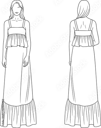 Title: Elegant women’s maxi dress with peplum and ruffle hem, front and back view, cad drawing flat vector illustrationMobile