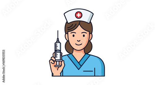 Cartoon Nurse Holding Syringe Ready for Injection Medical Care.