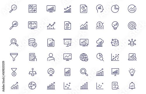 Data Analytics Icon Set, Editable Stroke Thin Line Vector Illustration with Business Intelligence, Dashboard, Visualization, Report, Statistics, Finance, Market Research, Trend, Chart