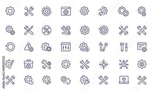 Settings, setup, and configuration line style web icons set, installation, update, maintenance, repair, system tools, control, options, workspace, vector illustration, technology, software