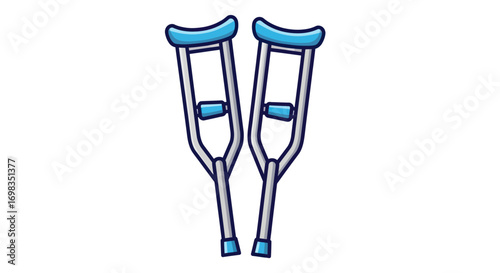 A pair of blue and silver medical crutches for injury recovery cartoon style.