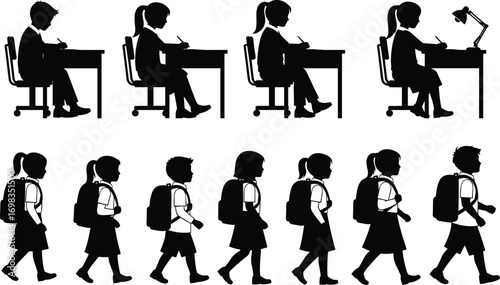 School, children, silhouettes, studying, walking, backpacks, desks, education, learning, classroom, students, black, outline, vector, illustration