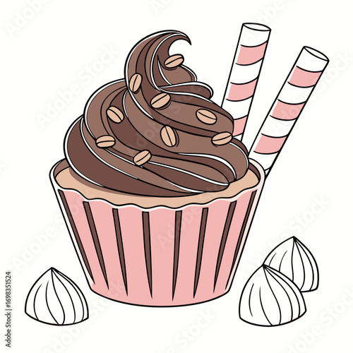 Delicious cupcake with chocolate frosting and coffee beans adornment looks tempting on white