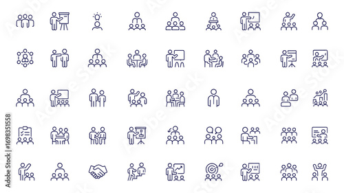 Business workshop line style icons set for web and mobile apps, teamwork, training, leadership, coaching, collaboration, management, seminar, conference, motivation, professional development