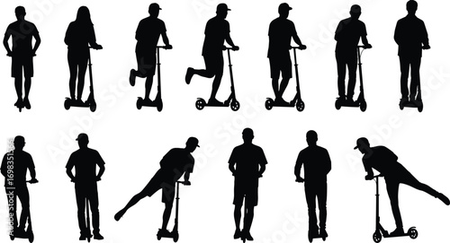 Electric, scooter, silhouettes, people, riding, standing, urban, transport, mobility, black, outline, vector, illustration, isolated, design,