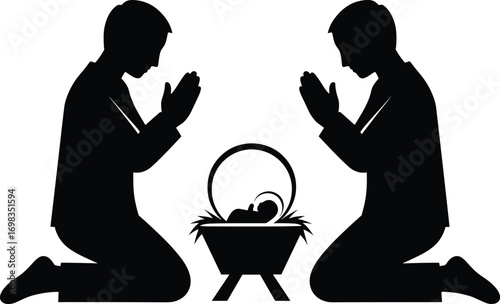 Silhouette of Mary and Joseph praying beside baby Jesus in manger, perfect vector for Christmas nativity, religious, and holy designs.