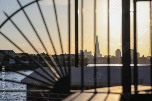 London Skyline at Sunset through an Abstract Foreground Cell
