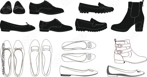 Women’s, shoes, silhouettes, footwear, flats, loafers, oxfords, ankle, boots, ballet, fashion, style, accessories, black, outline, vector