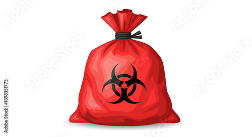 Red plastic biohazard waste bag with a black symbol tied shut for safe disposal.