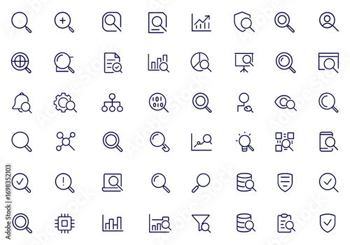 Search and Investigation Linear Web Icon Set, Editable Stroke Magnifying Glass Icons, SEO, Digital Marketing, Data Analysis, Research, Monitoring, Technology, Interface, Discovery, Explore