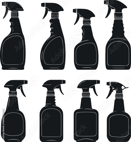 Spray, bottles, silhouettes, set, cleaning, container, trigger, nozzle, liquid, product, black, outline, vector, illustration, isolated, design, element, icon, graphic, household, tool, equipment