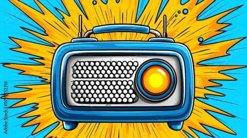 Retro Blue Pixel Art Radio with Glowing Yellow Speaker and Bright Rays