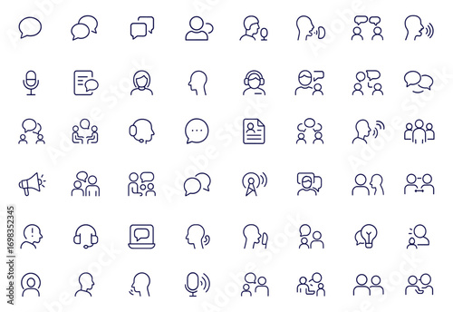 Communication, chat, speaking, conversation, team discussion line style icon set, voice, message, people, dialog, social interaction, support, training, interview, mobile app interface