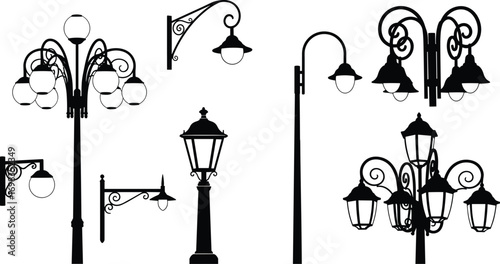 Street, lamp, silhouettes, vintage, modern, lighting, post, urban, design, outdoor, light, fixture, black, outline, vector, illustration, isolated, element, architecture, city, icon, set, graphic