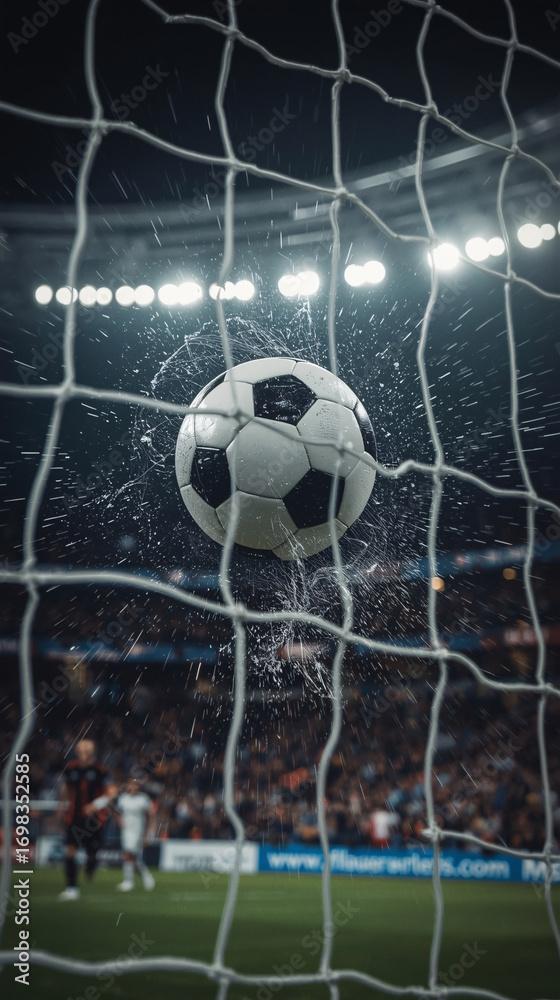 Naklejka premium A soccer ball in the goal net with water splash, a triumphant moment of goal