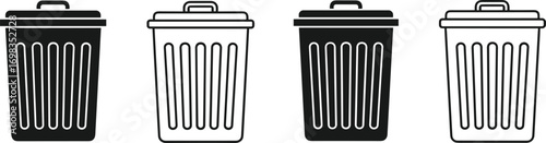Trash, can, icons, waste, bin, garbage, container, rubbish, disposal, recycle, symbol, vector, illustration, black, outline, design, element, dustbin,