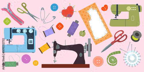 Sewing craft tools. Tailoring accessories. Fashion dressmaking on mannequin. Handmade clothes workshop. Buttons, threads and needles. Icon clothing. Creative class workshop. Vector tailor elements set
