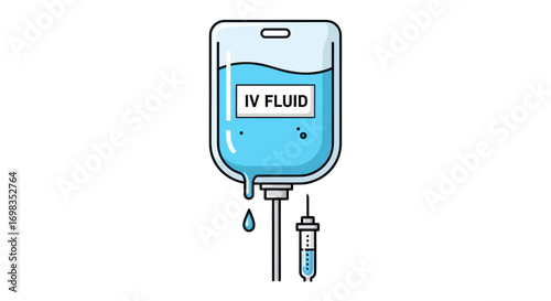 Illustrated IV Fluid Bag with Blue Liquid Drip.