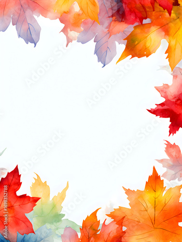 Colorful watercolor maple leaves frame with white empty copy space inside 