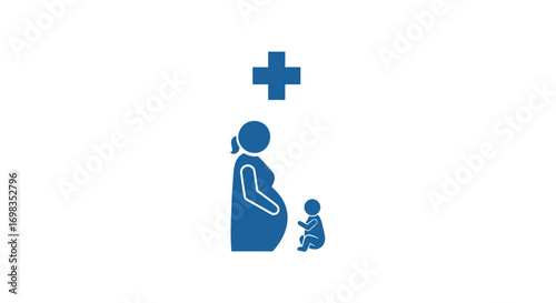 Blue Icon Depicting Pregnant Woman Baby and Medical Cross.