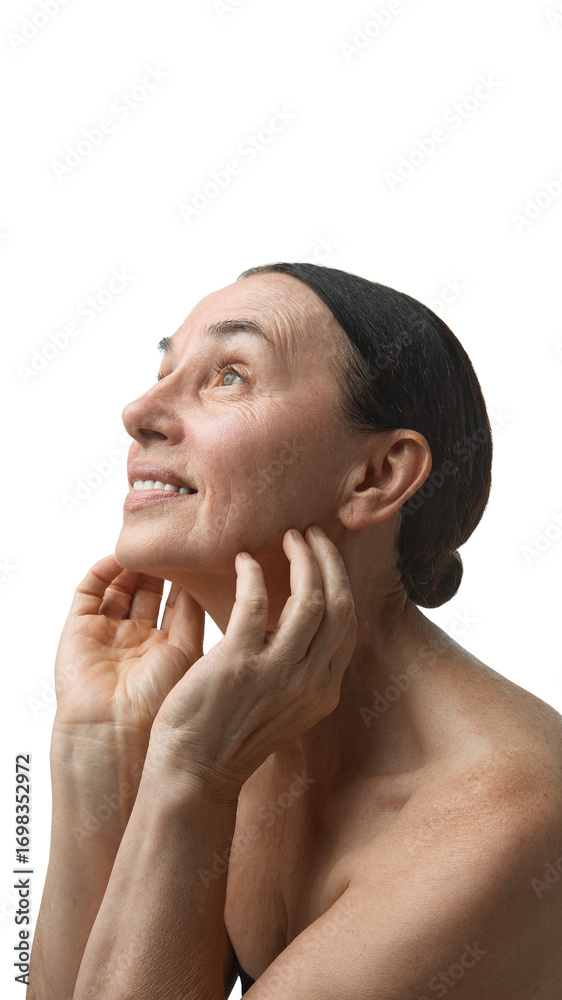 Obraz premium Mature woman in side portrait with neutral face expression. Concept of dermatology study, skincare testing, health magazines, natural beauty and cosmetic culture.