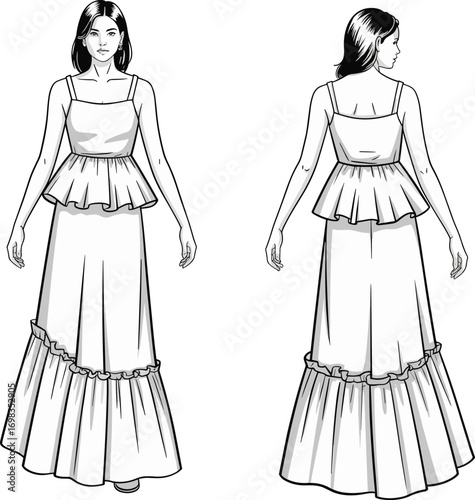 Women’s maxi dress fashion flat sketch, peplum top with ruffle hem technical drawing, clothing design template, apparel CAD drawing flat vector illustration