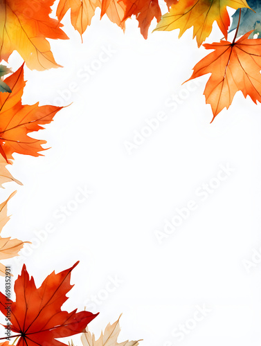 Colorful watercolor maple leaves frame with white empty copy space inside 