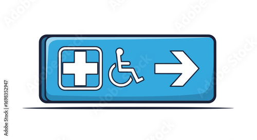 Blue Rectangular Sign Indicating Medical and Accessibility Services.