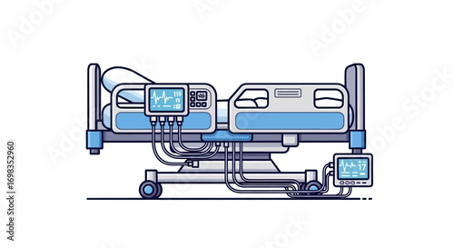 Modern Hospital Bed with Medical Equipment and Monitors.