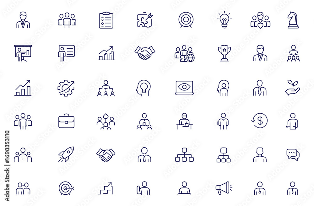 Fototapeta premium Business icon set, line style vector illustration for web and mobile app, management, teamwork, strategy, planning, marketing, leadership, organization, company, growth, success, career, office