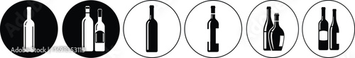 Wine, bottles, icons, set, silhouette, circle, drink, beverage, alcohol, liquor, bar, black, outline, vector, illustration, isolated, design, element, graphic, symbol, collection