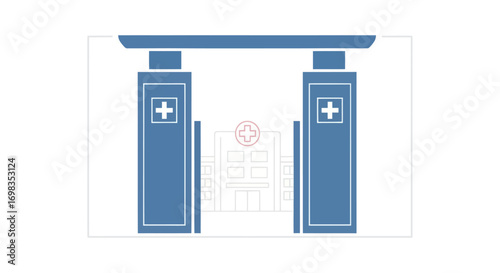 Stylized Blue Medical Entrance with Cross Symbols.
