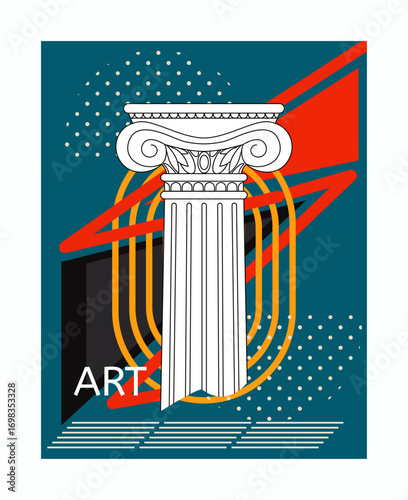 Art poster. Ancient column ionic order. Abstract background. Marble architectural element, Greek or roman classic traditional building and sculpture, creative festival. Vector isolated illustration