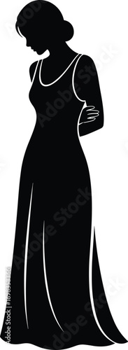 Woman, silhouette, long, dress, gown, fashion, style, elegance, posture, standing, black, outline, vector, illustration, isolated, design, element, icon, set, graphic, formal, clothing